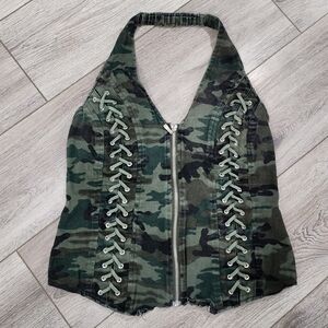 Camouflage Halter Top with Lace-Up Detail And Zipper